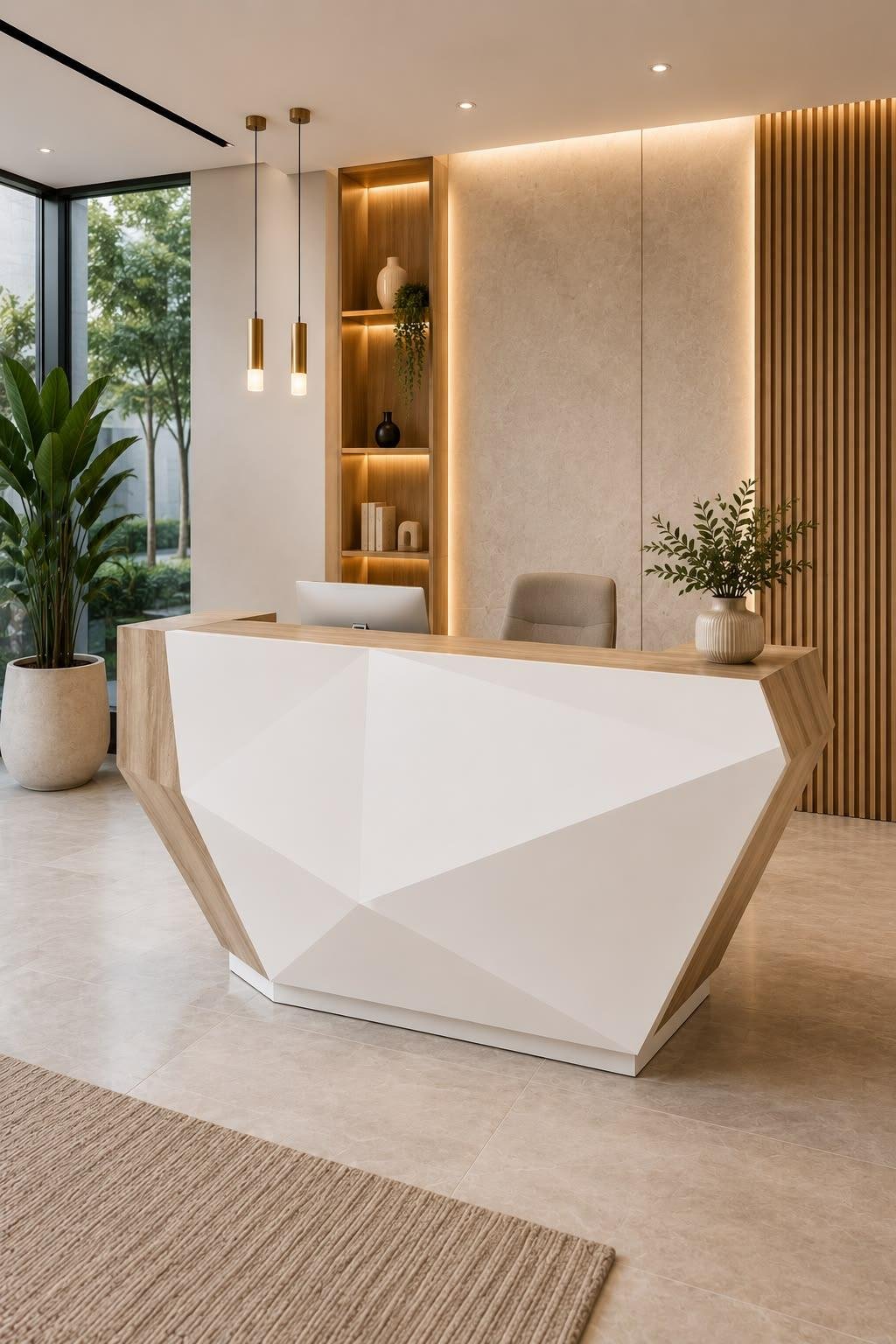 Factory-manufactured reception desk in a corporate lobby